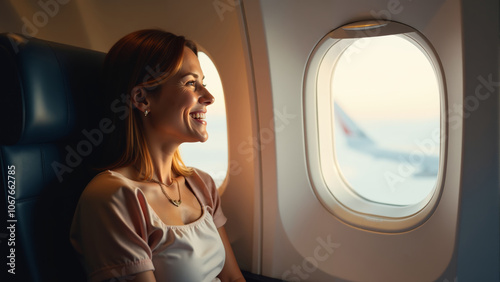 A joyful traveler enjoys the serene views from an airplane during golden hour photo