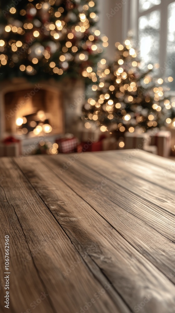 Warm wooden table surrounded by festive decorations and a glowing fireplace during the holidays Warm wooden table surrounded by festive decorations and a glowing fireplace during the holidays