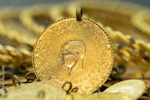 Fototapeta Naklejka Na Ścianę i Meble -  Quarter Gold (Turkish gold) macro detail shooting