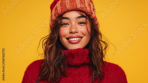 portrait a young woman in a cozy red sweater and festive hat, set against a vibrant yellow background. She has a warm smile, perfect for celebrating the holiday season.