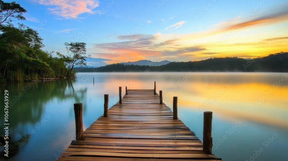 Serene Sunrise Over Tranquil Lake and Wooden Dock Serene Sunrise Over Tranquil Lake and Wooden Dock