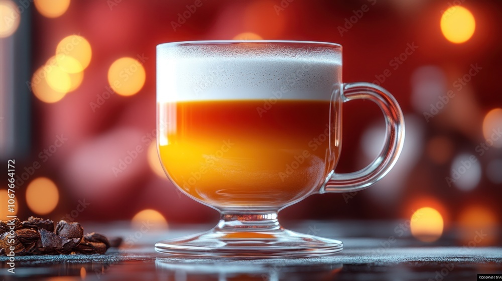 A glass mug filled with a layered coffee drink, with a red background with bokeh lights. A glass mug filled with a layered coffee drink, with a red background with bokeh lights.