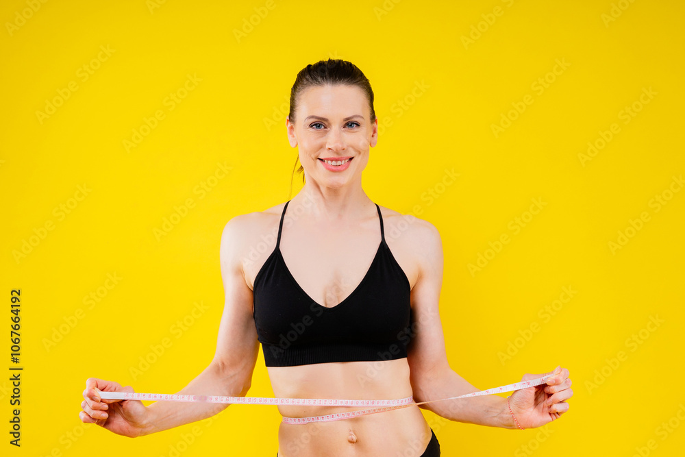 Fototapeta premium Weightloss, health and woman with measuring tape in a studio for her diet, exercise or wellness.