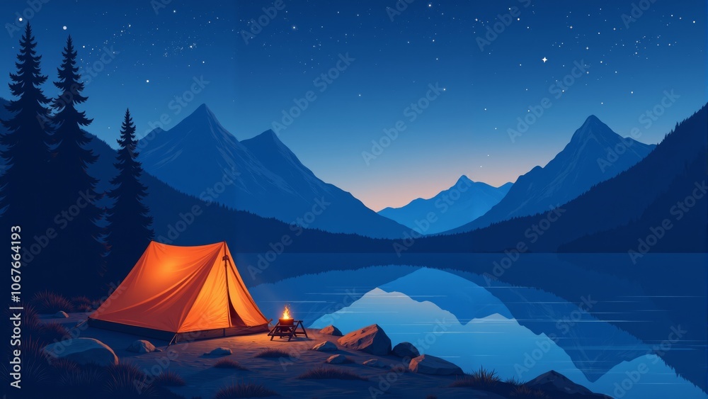 Camping under a starry sky by a serene lake surrounded by mountains at twilight