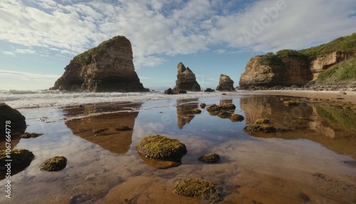 Scenic beach with dramatic rock formations and tide pools at low tide