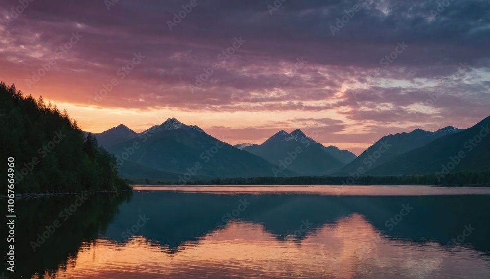 Picturesque sunset over a calm lake with silhouettes of mountains Picturesque sunset over a calm lake with silhouettes of mountains
