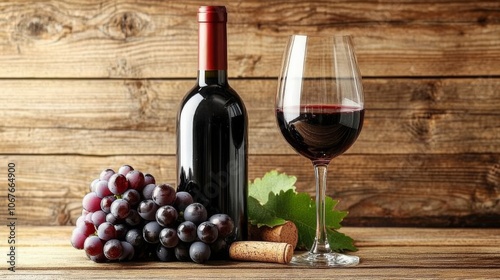 A tempting glass and bottle of red wine, ready to be enjoyed. The wooden background provides a beautiful setting.