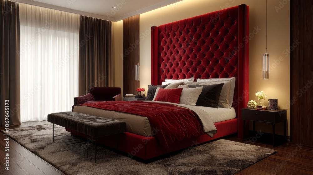 Luxurious Bedroom with Red Velvet Bed and Tufted Headboard Luxurious Bedroom with Red Velvet Bed and Tufted Headboard