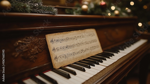 Christmas music sheet resting on a piano with a festive touch.