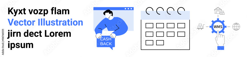 Man holding cash back sign, calendar layout with tabs, and WMS gear with connected icons. Ideal for finance, scheduling, logistics, e-commerce, productivity, business, and workflow visuals. Landing Man holding cash back sign, calendar layout with tabs, and WMS gear with connected icons. Ideal for finance, scheduling, logistics, e-commerce, productivity, business, and workflow visuals. Landing