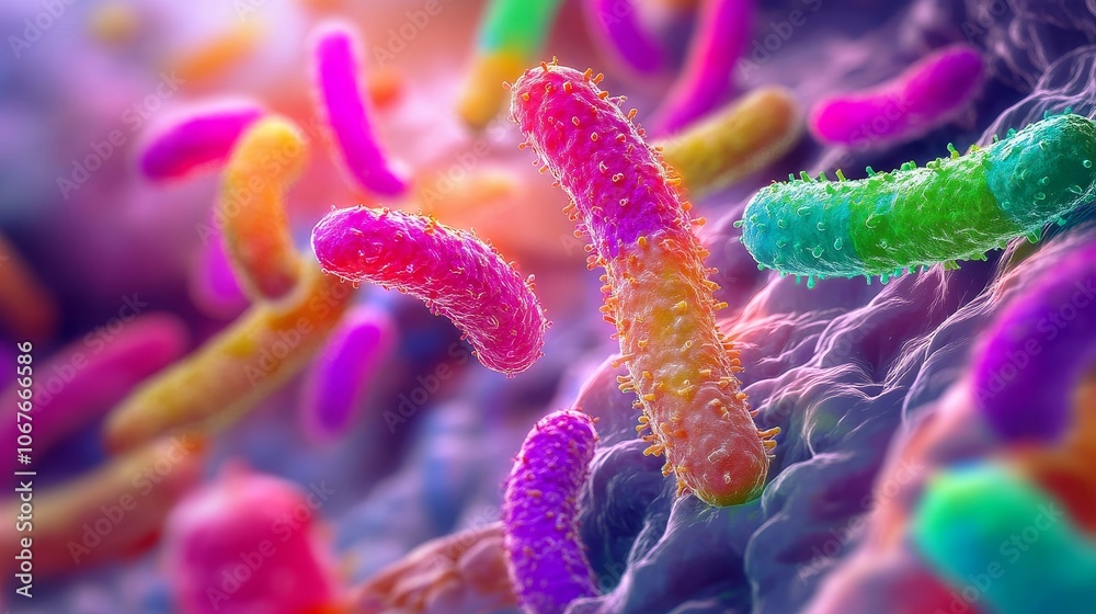 Various brightly colored bacteria shown in high detail, offering an artistic representation of microorganisms and their diversity in shape and color. Various brightly colored bacteria shown in high detail, offering an artistic representation of microorganisms and their diversity in shape and color.