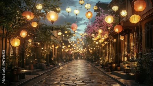 Serene Lantern-Lit Street in Tranquil Evening Setting