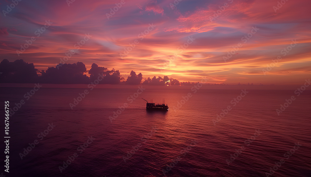 Offshore oil and gas jackup platform in the ocean during beautiful colourful sunset Offshore oil and gas jackup platform in the ocean during beautiful colourful sunset
