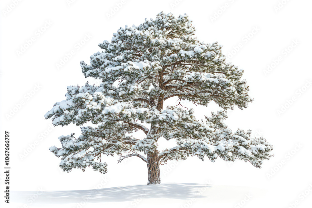 Obraz premium A Majestic Snow-Covered Pine Tree Standing Proudly Against the Serene Backdrop of Winter's Icy Embrace in a Tranquil Landscape