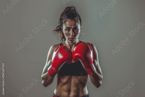 Boxing woman during exercise gray background