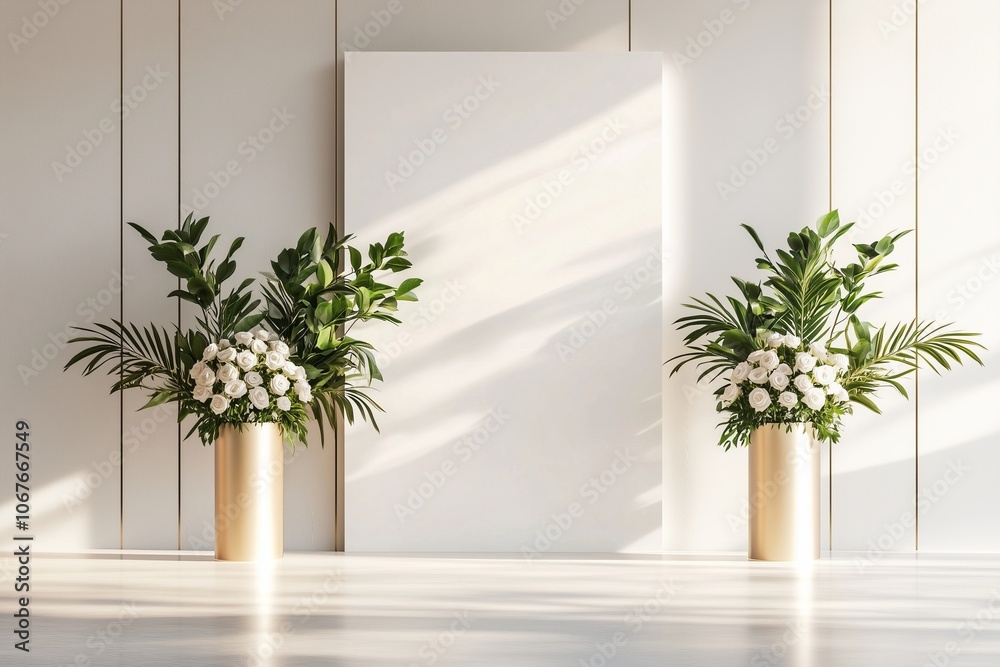 Fototapeta premium modern wedding altar with minimal yet luxurious decor, featuring a clean white backdrop, a simple arch with white roses and greenery, and gold accents