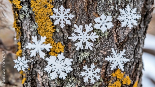 Snowflakes Decorate Tree Bark in Winter Scene photo