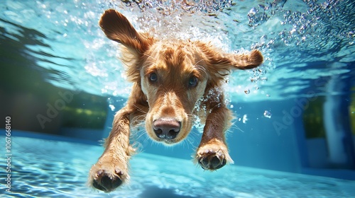 Golden retriever diving into pool for refreshing playtime. Dog enjoying water activities, bringing summer fun to family pet moments photo