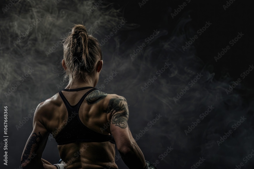Strong female boxer on dark background back view