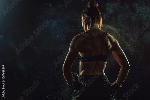 Strong female boxer on dark background back view