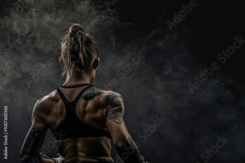 Obraz na płótnie Strong female boxer on dark background back view w salonie