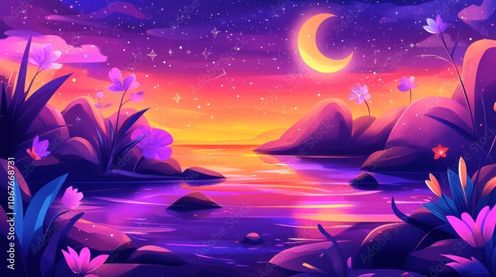 Serene Night Landscape with Moon and Flowers Serene Night Landscape with Moon and Flowers