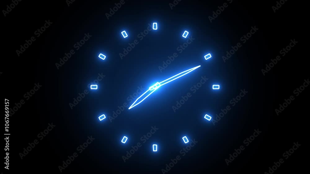 Blue color neon boderless clock icon HD animation on black background and 4K animation video.