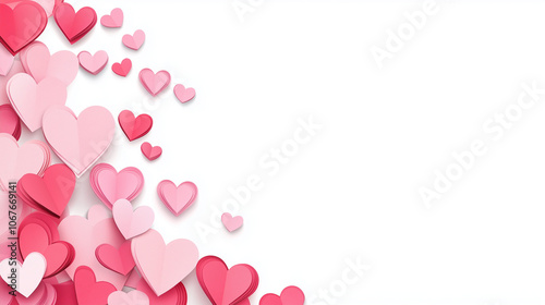 White background with paper pink hearts. The concept of Valentines Day, 14th February, postcard, top view, horizontal, copy space