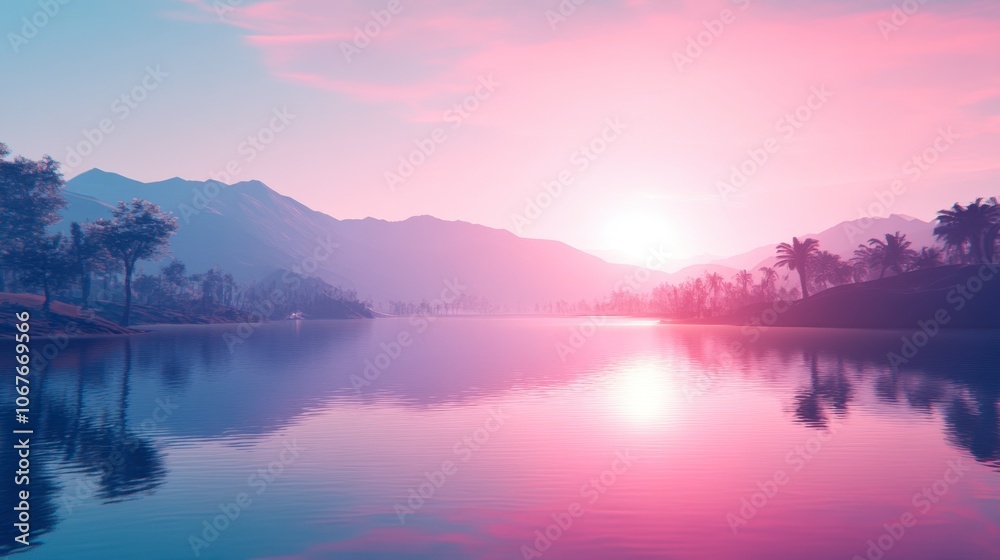 Fototapeta premium Serene Sunset Over Tranquil Lake and Mountains