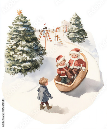 Watercolor Victorian Christmas Fir Tree, Children Playing, Lush Christmas Girl with Baby, New Year, Winter Holiday, Holiday, New Year Toys, Noel, Angel Child, Nutcracker, Poinsettia, Bouquet, Showcase