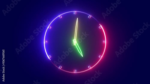 Neon red and blue analog clock icon 4k animation, on dep blue screen.