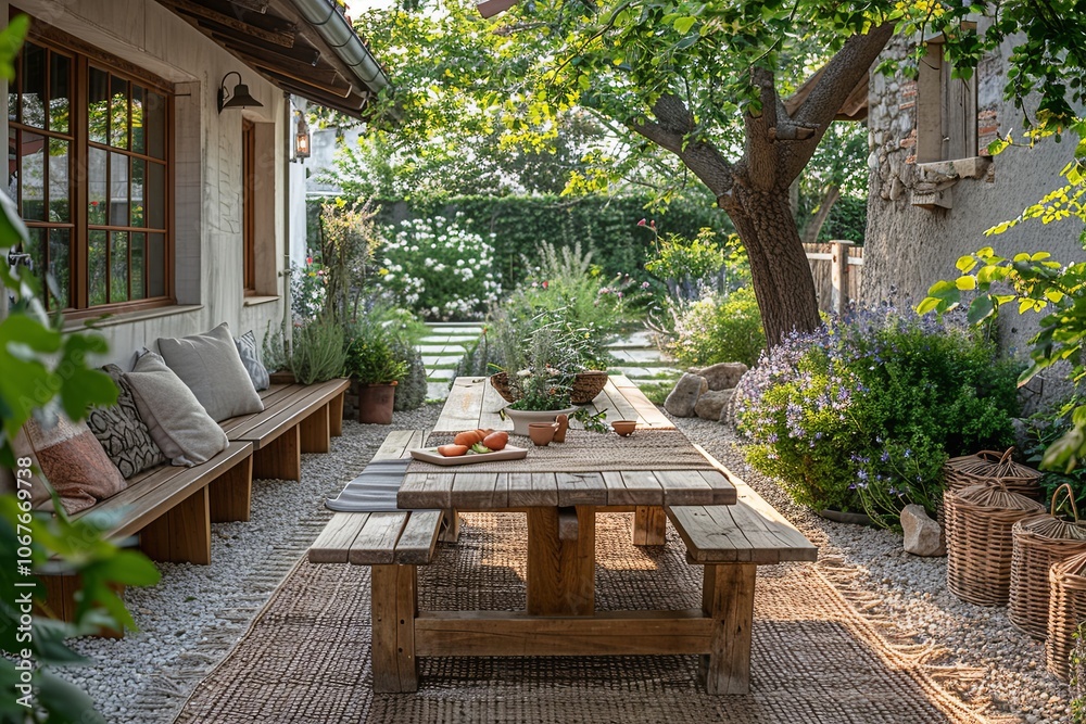 Obraz premium Stylishly furnished outdoor seating area, outdoor exterior design in the garden or on the terrace