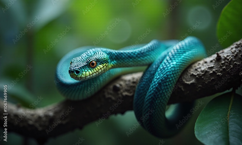 Fototapeta premium Iridescent blue green viper coiled snake on branch