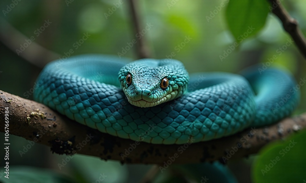 Fototapeta premium Iridescent blue green viper coiled snake on branch