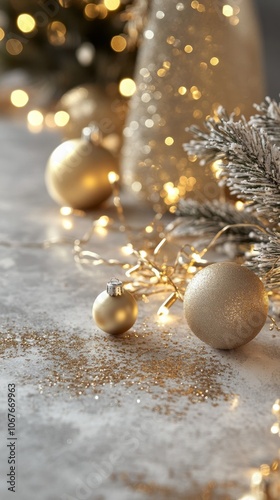 Golden Christmas ornaments with twinkling lights on a textured tabletop during the holiday season