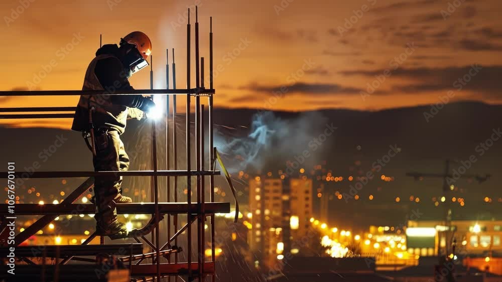 A lone worker stands atop a scaffold skillfully welding two metal panels together as the cool night air swirls around him and the citys lights le in the distance.