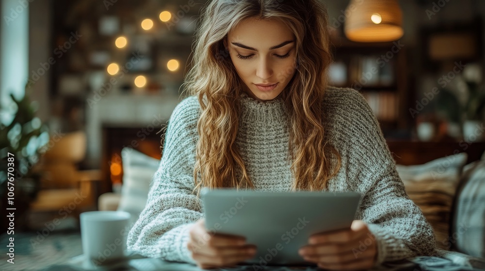 A woman using a tablet while seated in a cozy living room with warm lighting A woman using a tablet while seated in a cozy living room with warm lighting