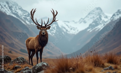 Majestic stag snow capped mountains Scottish Highlands dramatic