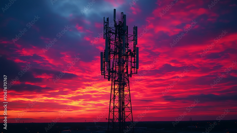 Fototapeta premium A tall tower with many antennas is lit up in the evening sky