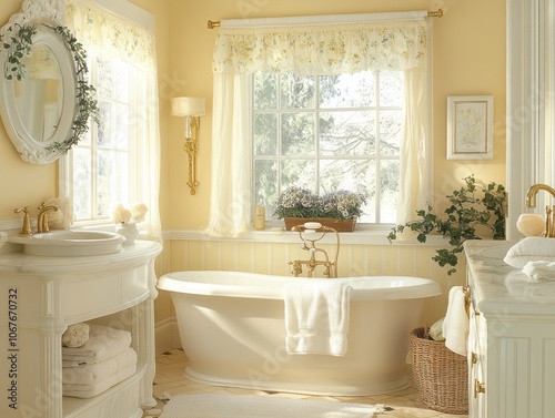 Luxurious Bathroom with Clawfoot Tub, White Cabinets, and Floral Accents