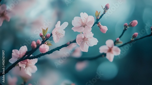 A branch with pink flowers is shown in a blue background