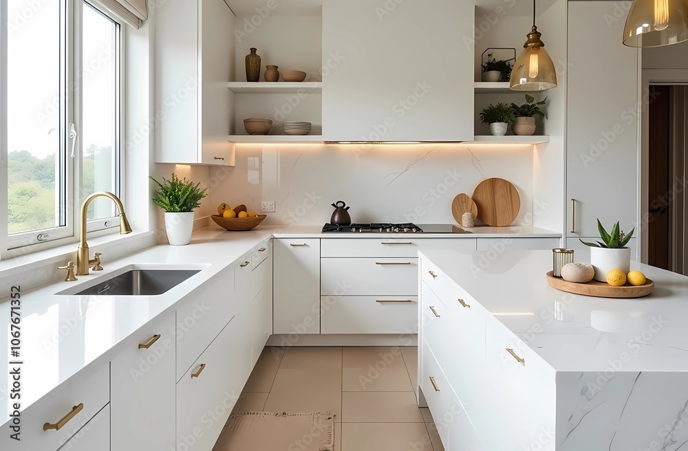 Modern kitchen with white marble countertops. Gold accents on handles and faucets add a touch of luxury. minimalistic and cozy design. Modern kitchen with white marble countertops. Gold accents on handles and faucets add a touch of luxury. minimalistic and cozy design.