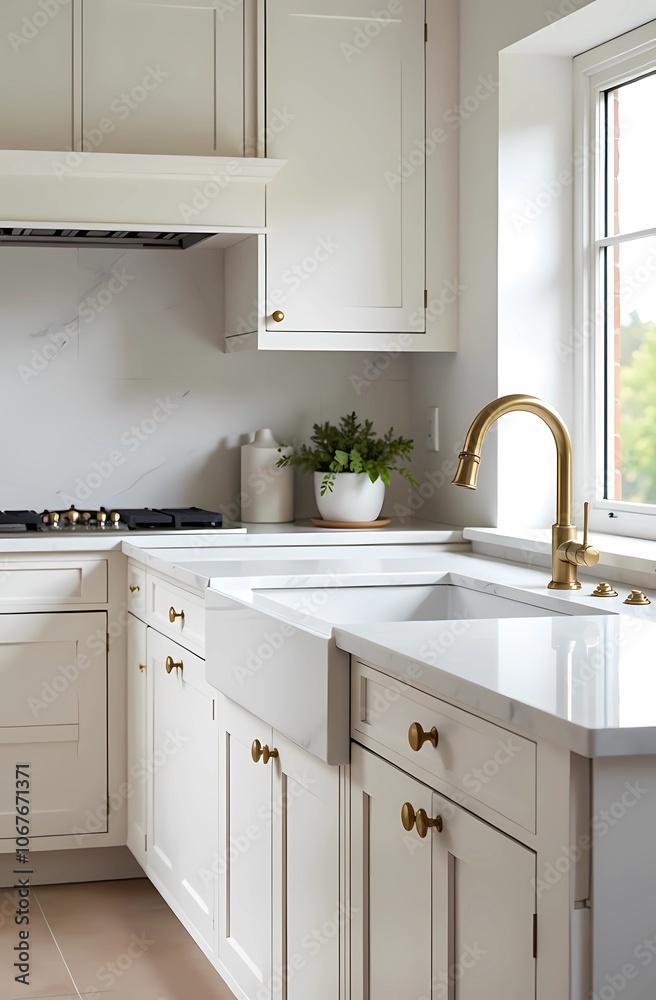 Modern kitchen with white marble countertops. Gold accents on handles and faucets add a touch of luxury. minimalistic and cozy design. Modern kitchen with white marble countertops. Gold accents on handles and faucets add a touch of luxury. minimalistic and cozy design.