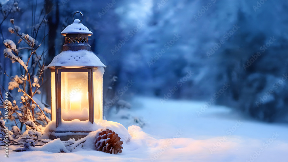 Banner with lantern outside in the winter, with space for text Banner with lantern outside in the winter, with space for text
