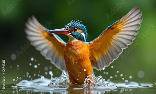 Kingfisher emerging from water wings spread vibrant orange photo