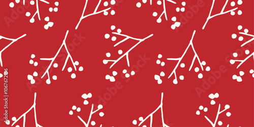 Red Winter Christmas pattern with  Holly branches , illustration for a greeting card, Christmas, New Year's party, invitations,postcards, decorations, packaging, wrapping paper, gift boxes