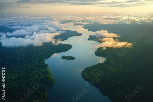 The Essequibo and Cuyuni rivers in the Amazon rainforest of Guyana at sunset. South America
