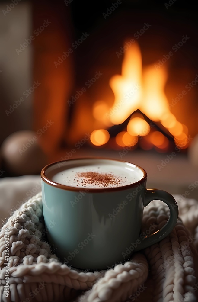 A mug with hot cocoa/coffee in front of the fireplace in a cozy living room A mug with hot cocoa/coffee in front of the fireplace in a cozy living room