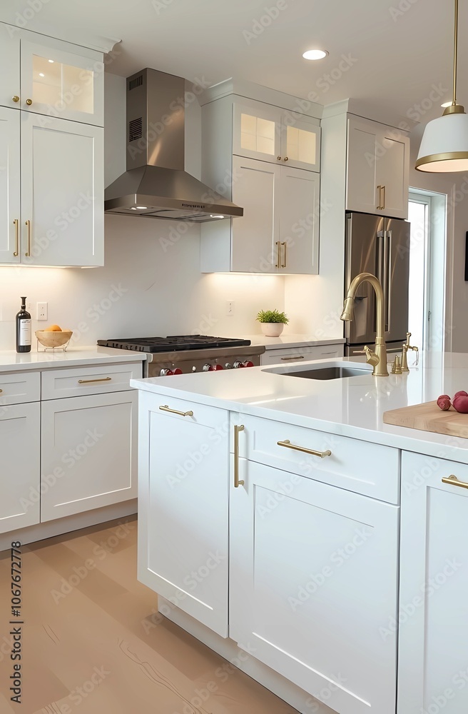 Modern kitchen with white marble countertops. Gold accents on handles and faucets add a touch of luxury. minimalistic and cozy design. Modern kitchen with white marble countertops. Gold accents on handles and faucets add a touch of luxury. minimalistic and cozy design.