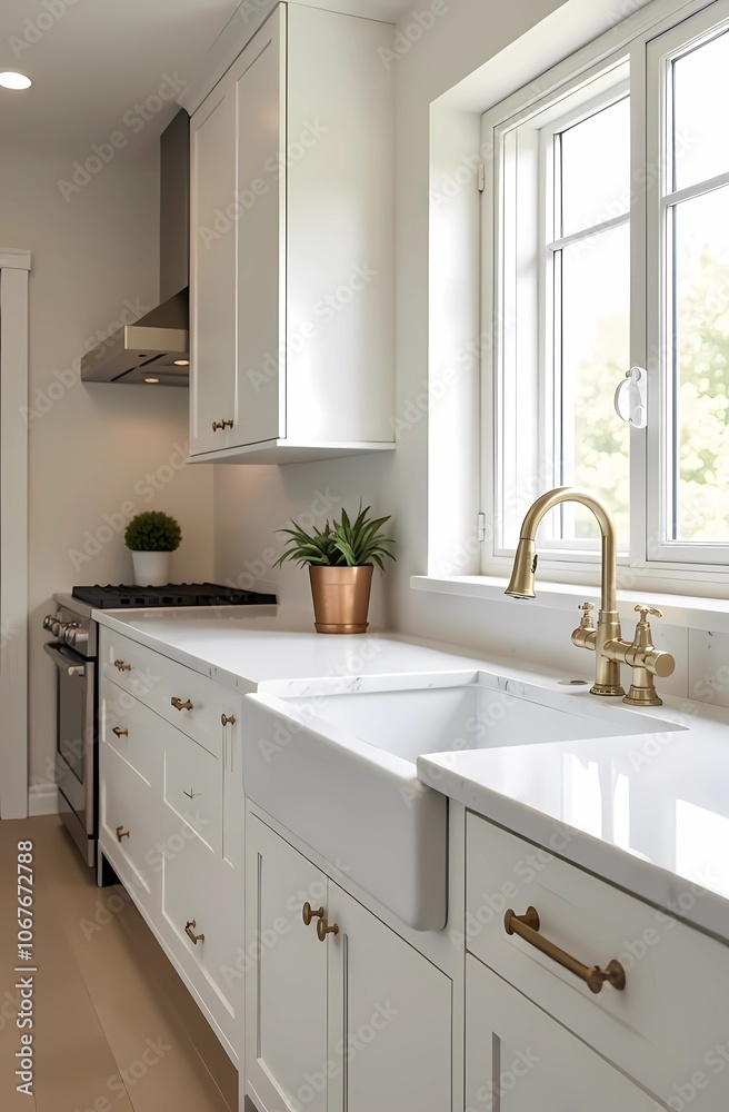Fototapeta premium Modern kitchen with white marble countertops. Gold accents on handles and faucets add a touch of luxury. minimalistic and cozy design.